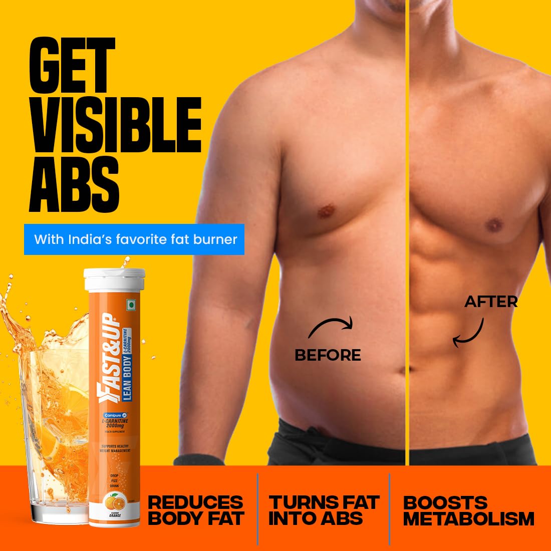 FAST&UP L-Carnitine 2000Mg Effervescent Tablets|Premium Carnipure® Carnitine Supplement|Helps Convert Fat Into Energy, Supports Weight Loss, Fat Burn & Lean Muscle|Orange Flavour, 20 Tabs (Pack of 1)