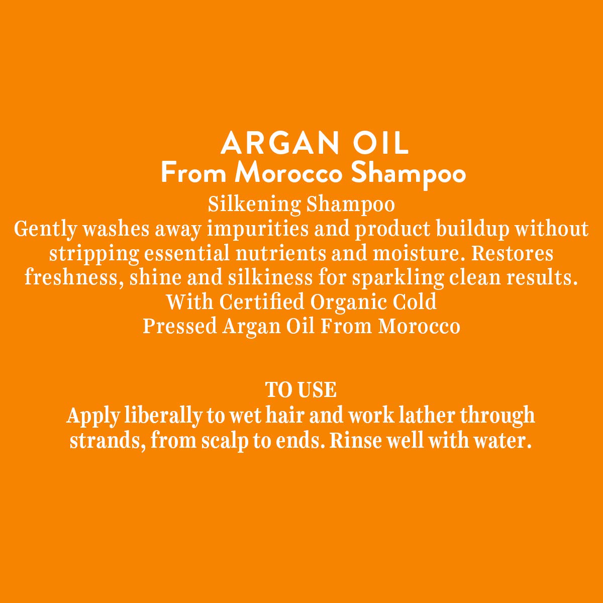Text description of Argan Oil Shampoo on an orange background