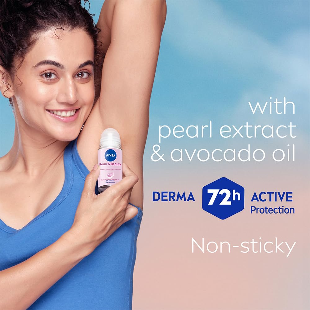 NIVEA Pearl and Beauty 50ml Deo Underarm Roll On | With Pearl Extracts & Avocado Oil | 72 H Long Lasting Floral Scent | 0% Alcohol and Dermat Approved | For Women