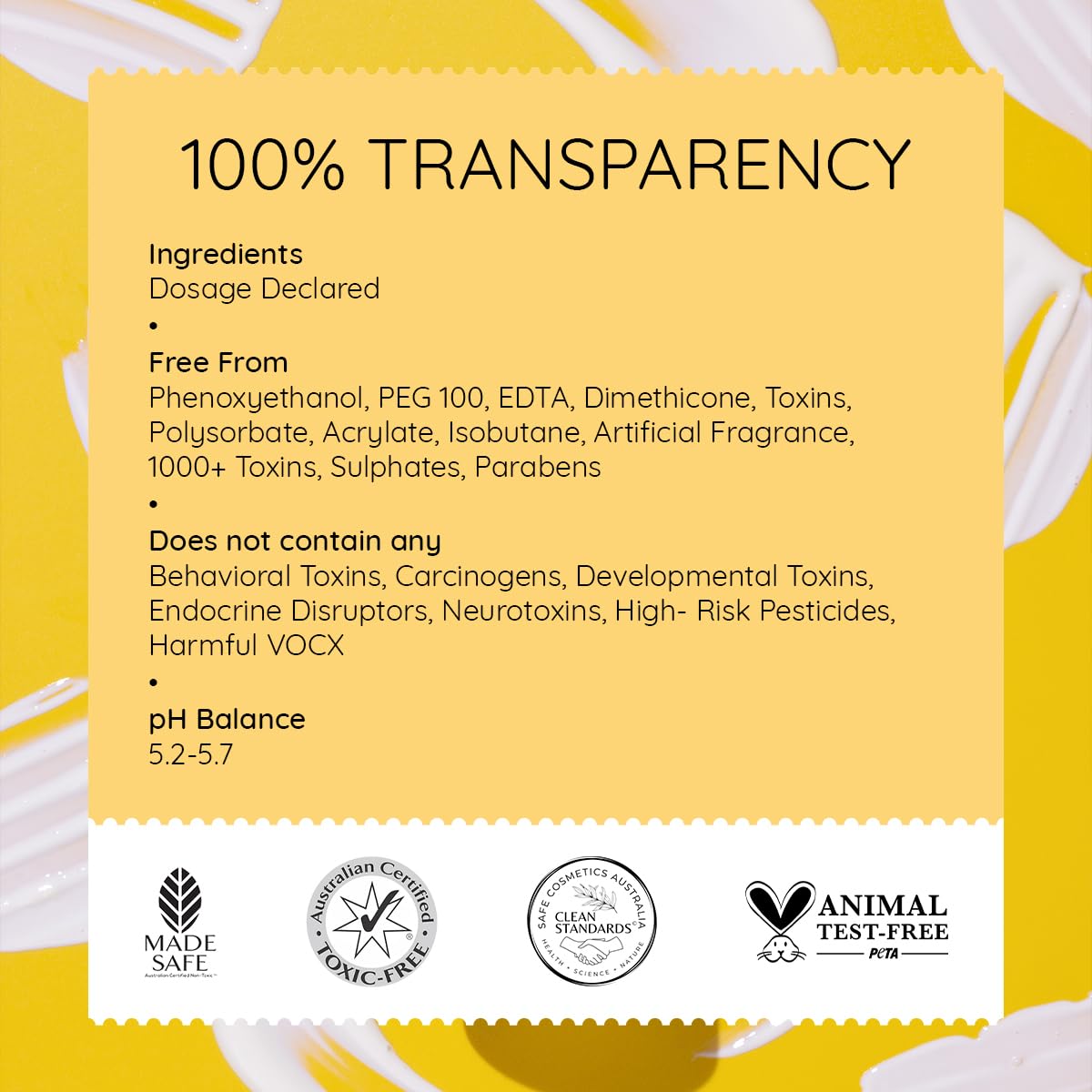 Product label with 100% transparency details on a yellow background