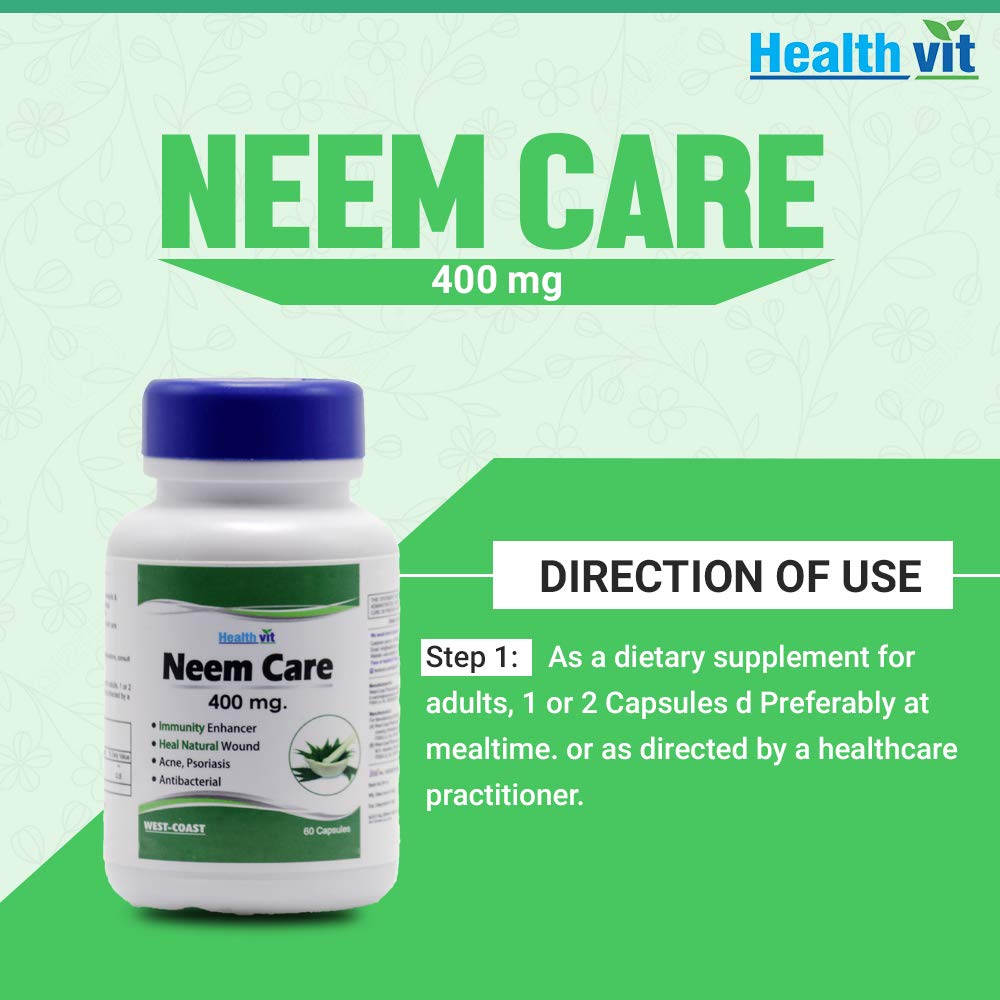 Health vit Neem Care supplement bottle with directions on a green background