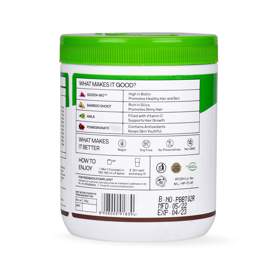 OZiva Biotin For Hair Growth|Biotin Powder for Hair & Healthier Texture, Skin, Nails & Body (With Silica, Sesbania Agati, Vitamin B6),Certified Clean & Vegan, 125g (Lemon)