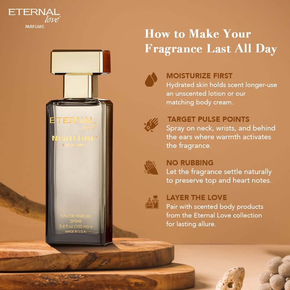 Eternal Love perfume bottle with tips on how to make fragrance last all day on a brown background