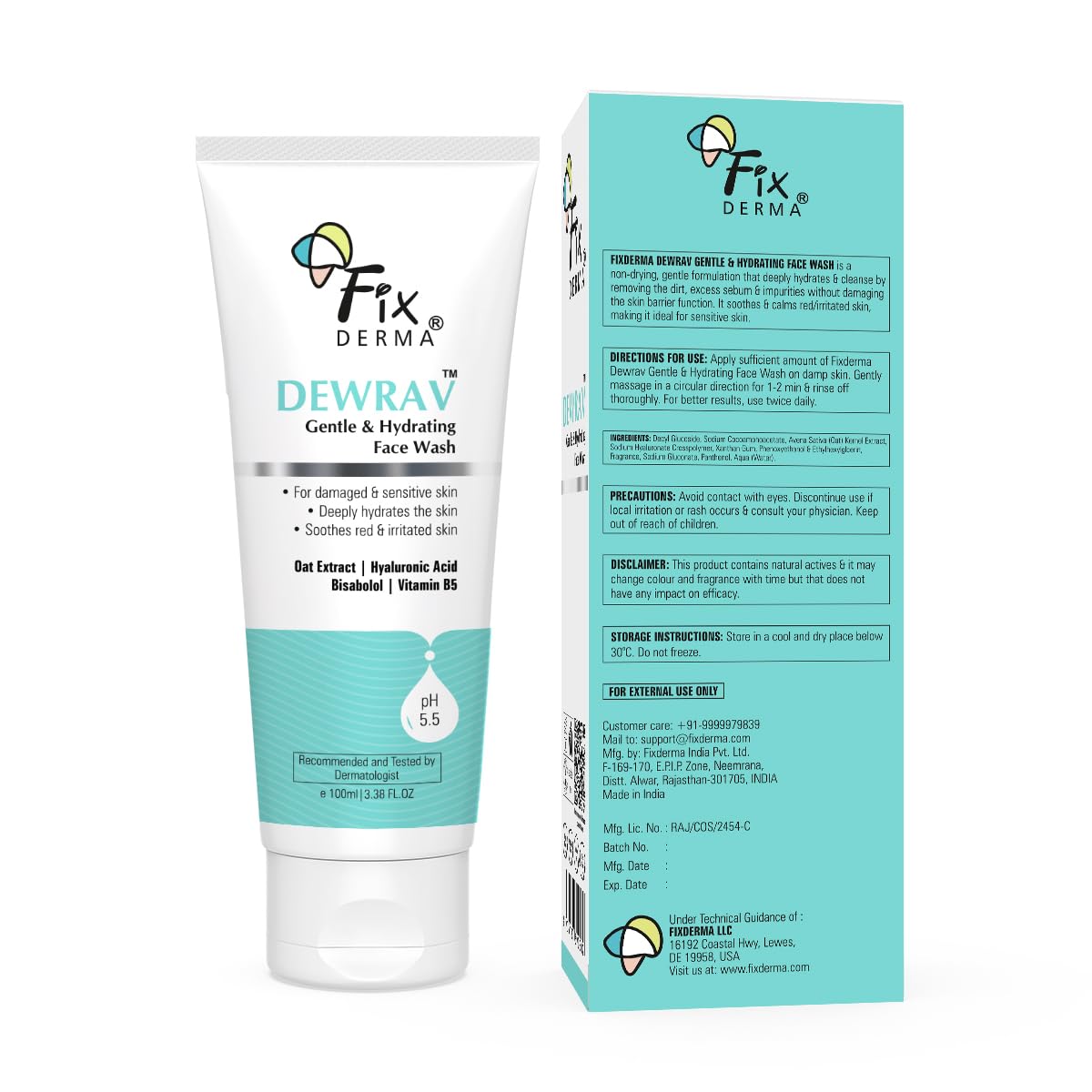 Fixderma Dewrav Gentle & Hydrating Face Wash with 6% Oats Extract, Hyaluronic Acid & Vitamin B5, Soothes Irritated Skin, Provides Hydration, Face Cleanser For Sensitive, Dry to Normal Skin,100Ml