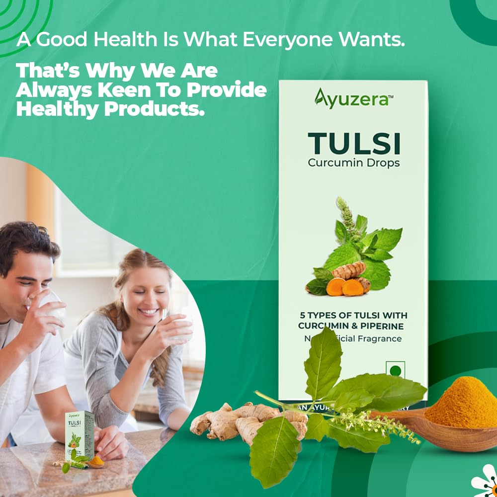 Wellwith by Ayuzera Tulsi Curcumin Drops, 5 Types of Tulsi, Curcumin & Piperine, No Artificial Fragnance (30ml, Pack of 1)