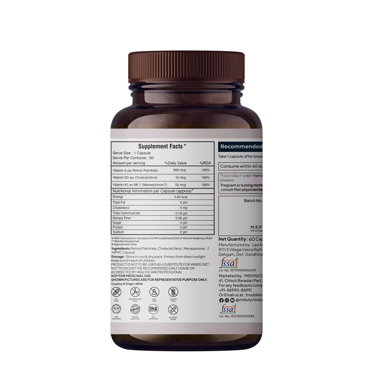 Zephivo Miduty by Palak Notes Vitamin ADK, Vitamin D3 and K2 Supplements, Cholecalciferol Vitamin D3, Boost Immunity, Stronger Bones, Vitamin ADK Supplement, Immunity Booster Capsule - 60 Capsules