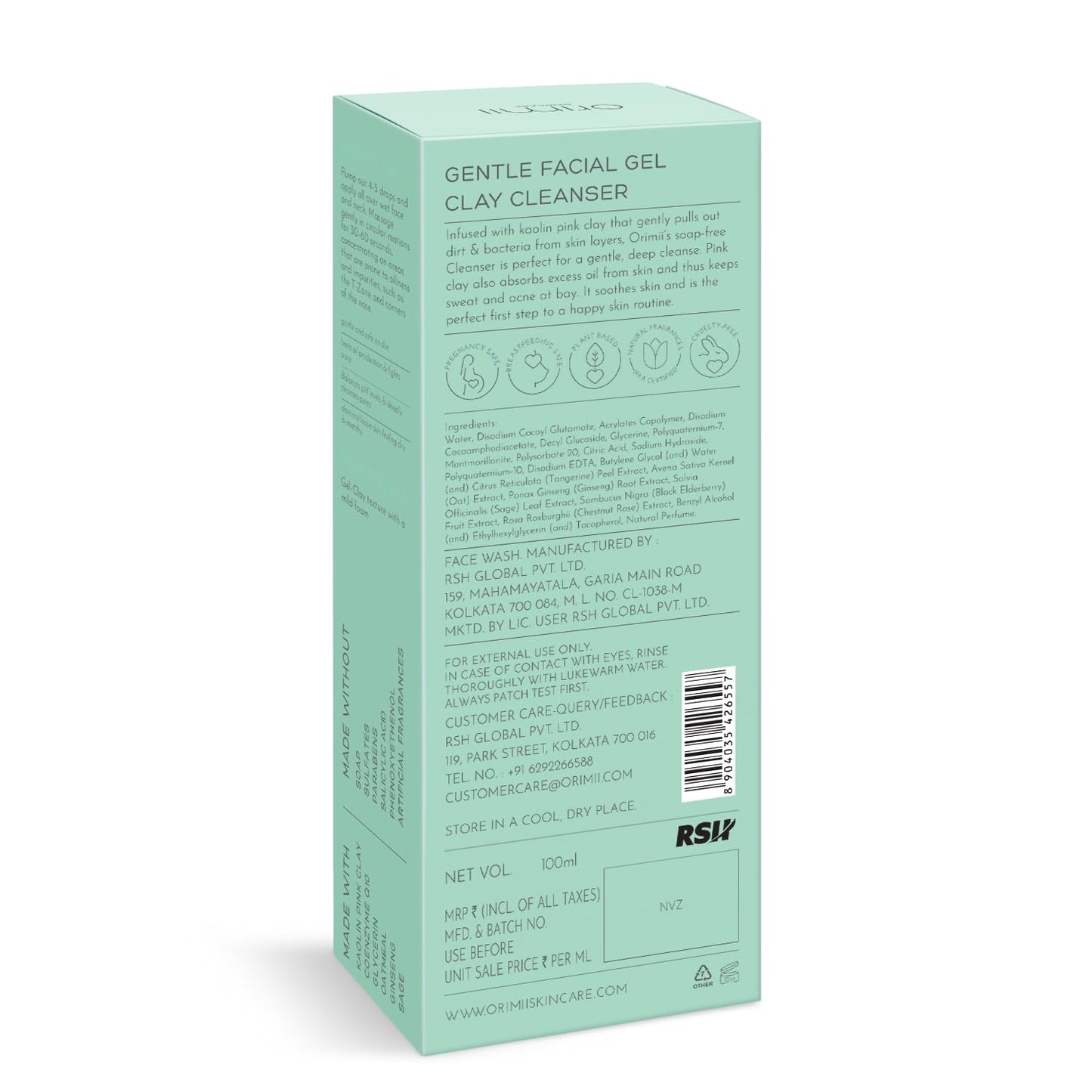 Green box packaging of a gentle facial gel clay cleanser with text and branding on a white background