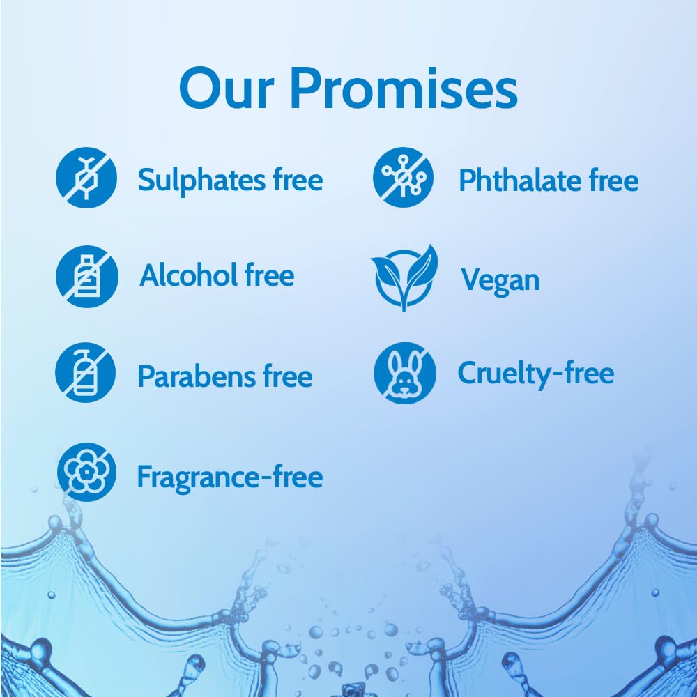 List of product promises including sulphates free, phthalate free, alcohol free, vegan, parabens free, cruelty-free, and fragrance-free on a blue background.