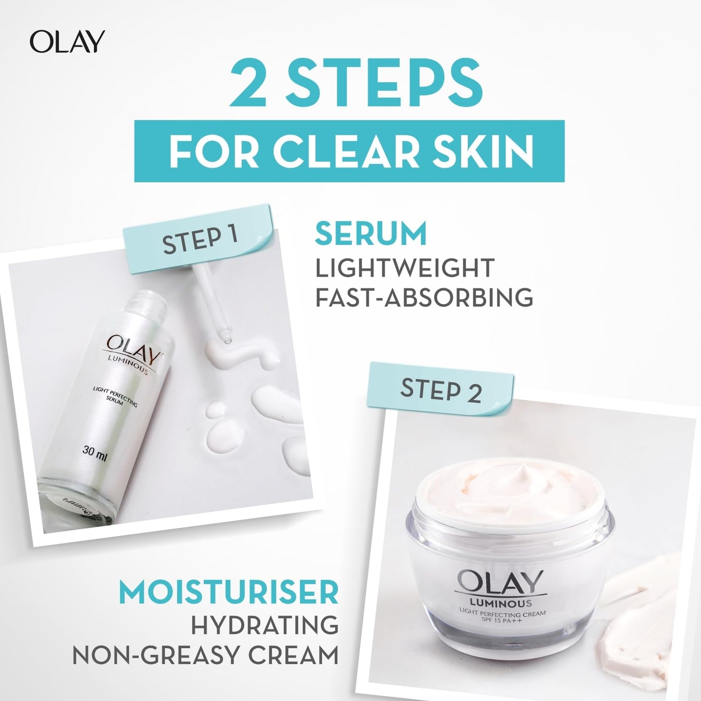 Olay skincare product advertisement with serum and moisturizer on a white background