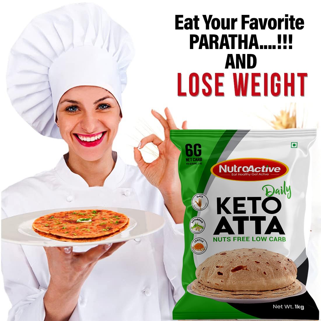 NutroActive Keto Atta Daily | Nuts Free Low Carb | Atta for Weight Loss | High Protein Flour for Weight Management - 1kg
