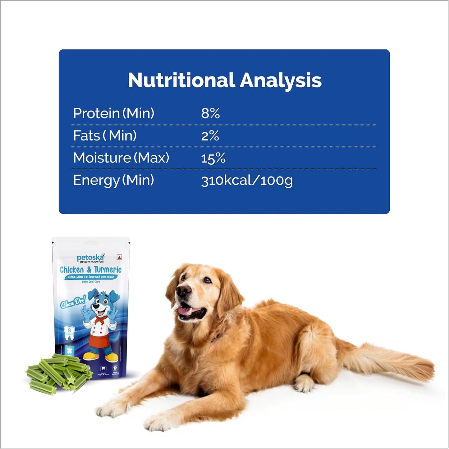 Petoska Dog Dental Sticks – Chicken & Turmeric Flavor, Anti-Bacterial Oral Care Chews for Dogs, Improves Gum Health, Reduces Tartar, Daily Dental Treats for All Breeds