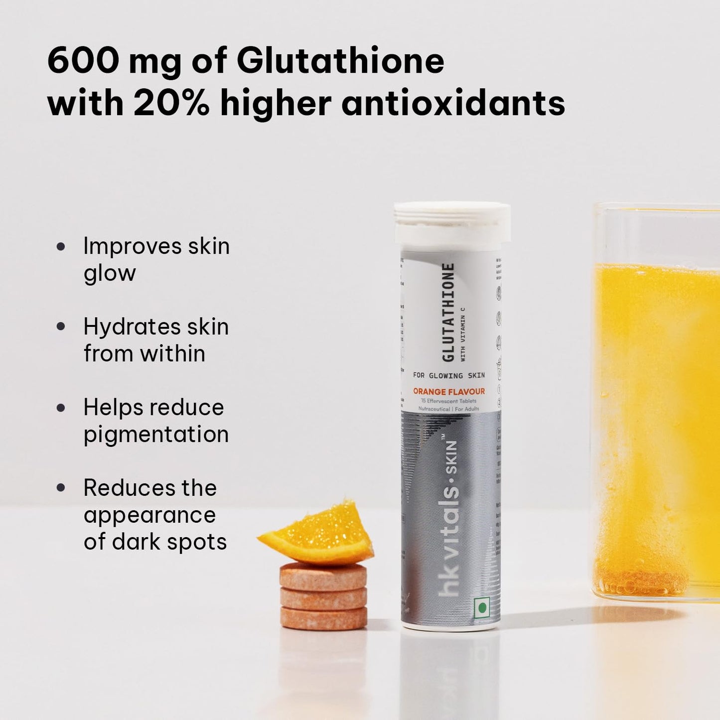HealthKart hk vitals Glutathione (15 Effervescent Tablets) | L-Glutathione Tablets with Vitamin C & E | For Skin Glow & Hydration