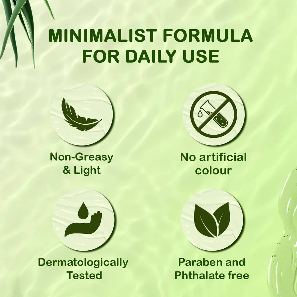 Product packaging with green background and icons indicating 'Non-Greasy & Light', 'No artificial colour', 'Dermatologically Tested', and 'Paraben and Phthalate free'.
