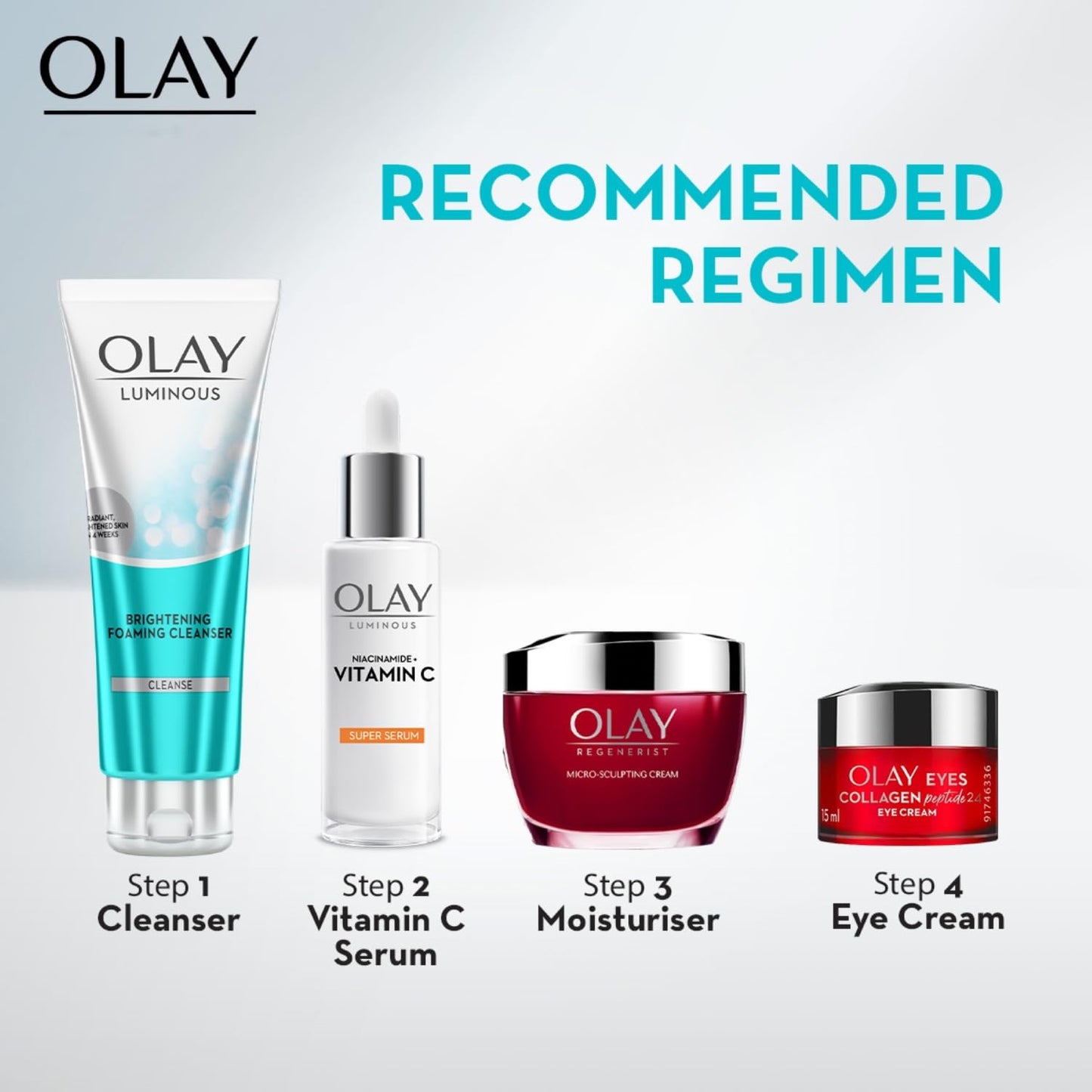 Olay skincare products with step-by-step regimen on a light gray background
