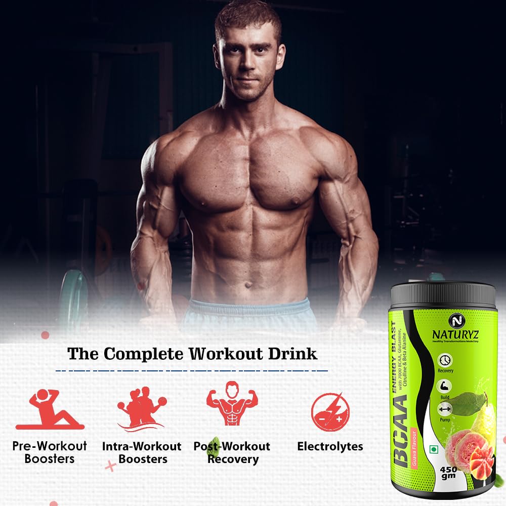Muscular man with a supplement container labeled 'Naturz BCAA' on a dark background