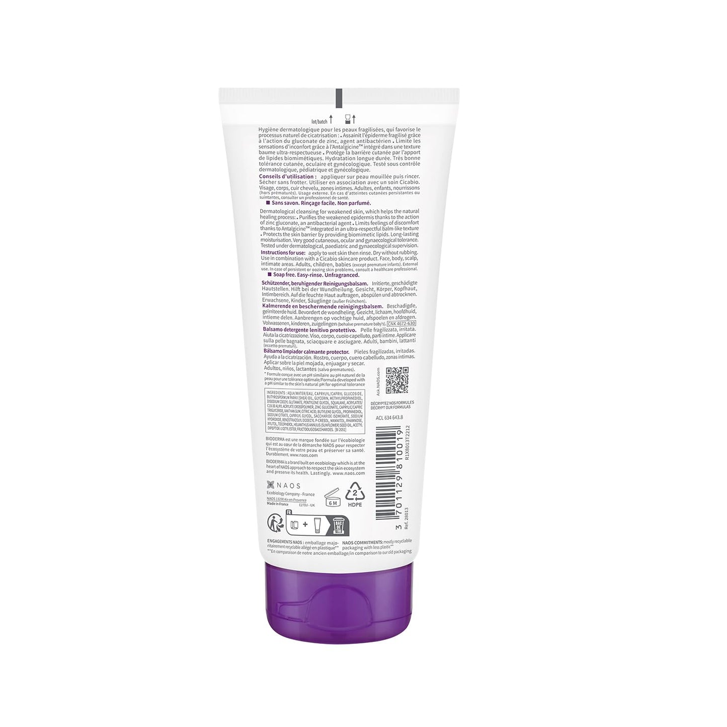 Tube of cream with a white label and purple base on a white background