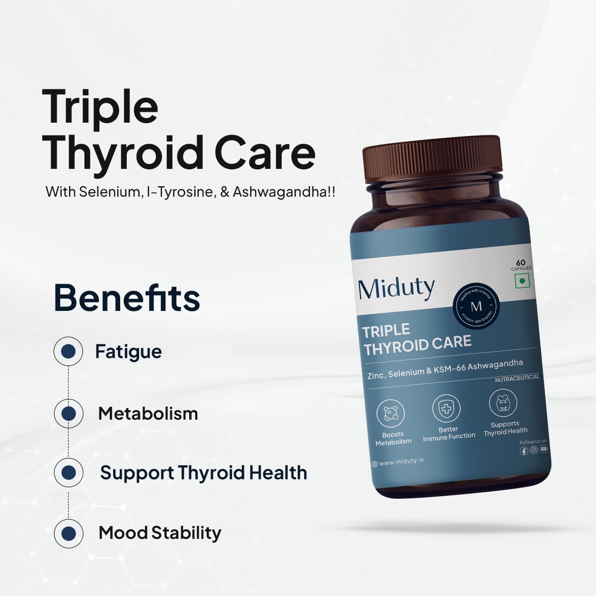 Zephivo Miduty Palak Notes Triple Thyroid Care Supplement - Rapid Action Formula - KSM-66 Ashwagandha - Sea Kelp - Zinc - Vitamin B1-Selenium-L-Tyrosine - Supports Thyroid Health - Good mood - 60 Capsules