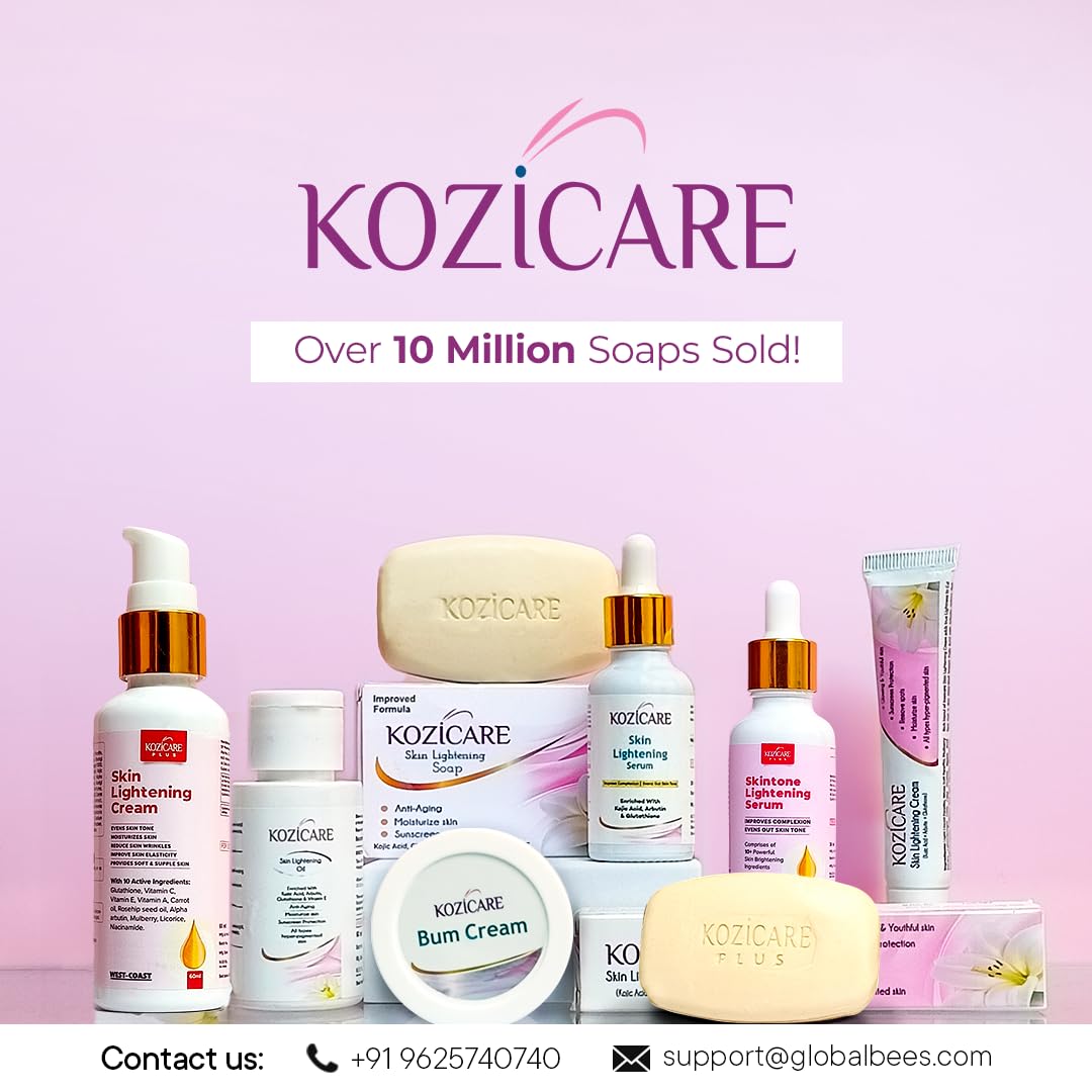 Kozicare skincare products on a pink background with the brand name displayed.