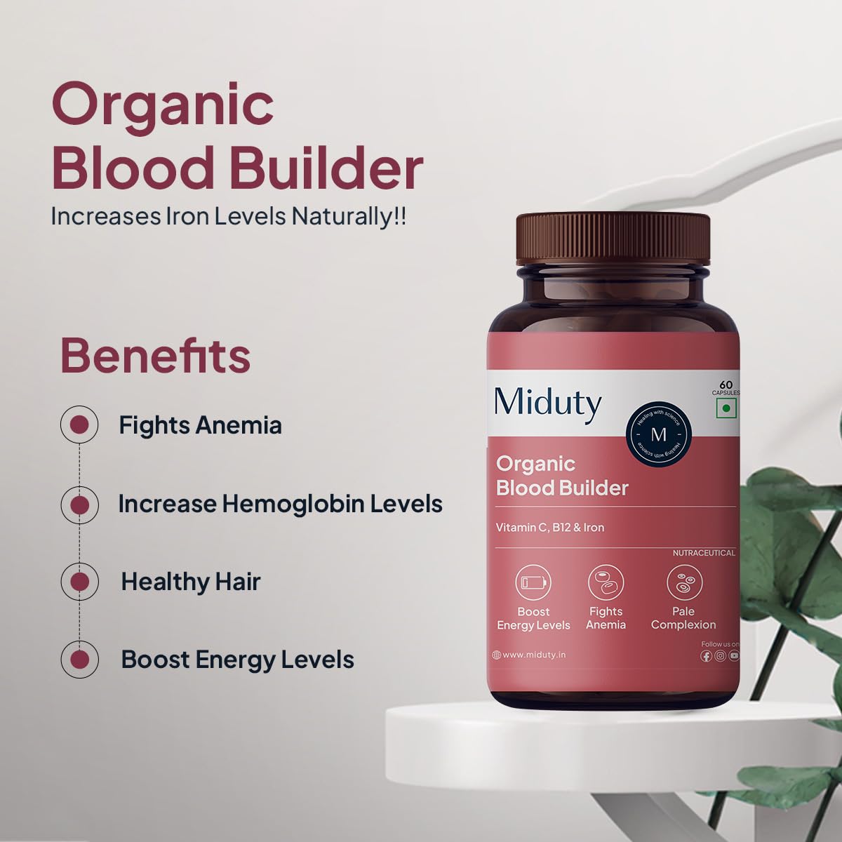 Zephivo Miduty by Palak Notes Organic Blood Builder, Anemia Supplement, Green Amla, Barley Leaves, Beet Root, Organic Iron Supplement, Hemoglobin Booster, Increase HB, Organic Blood Builder Pack - 60 Caps