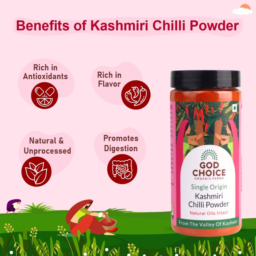 GOD CHOICE ORGANIC FARMS Kashmiri Chilli Powder 200G||Sourced from the valley of Kashmir|Stoneground|100% Pure With Natural Oils Intact|No Artificial Colours or Additives|Organic Spicy Masala