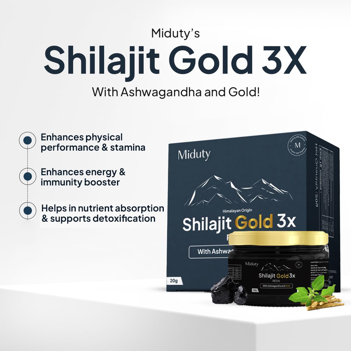 Zephivo Miduty Shilajit Gold 3X - Ashwagandha - Himalayan Shilajit Gold - Original Shilajit Gold Resin - Shilajit for Men - 20g