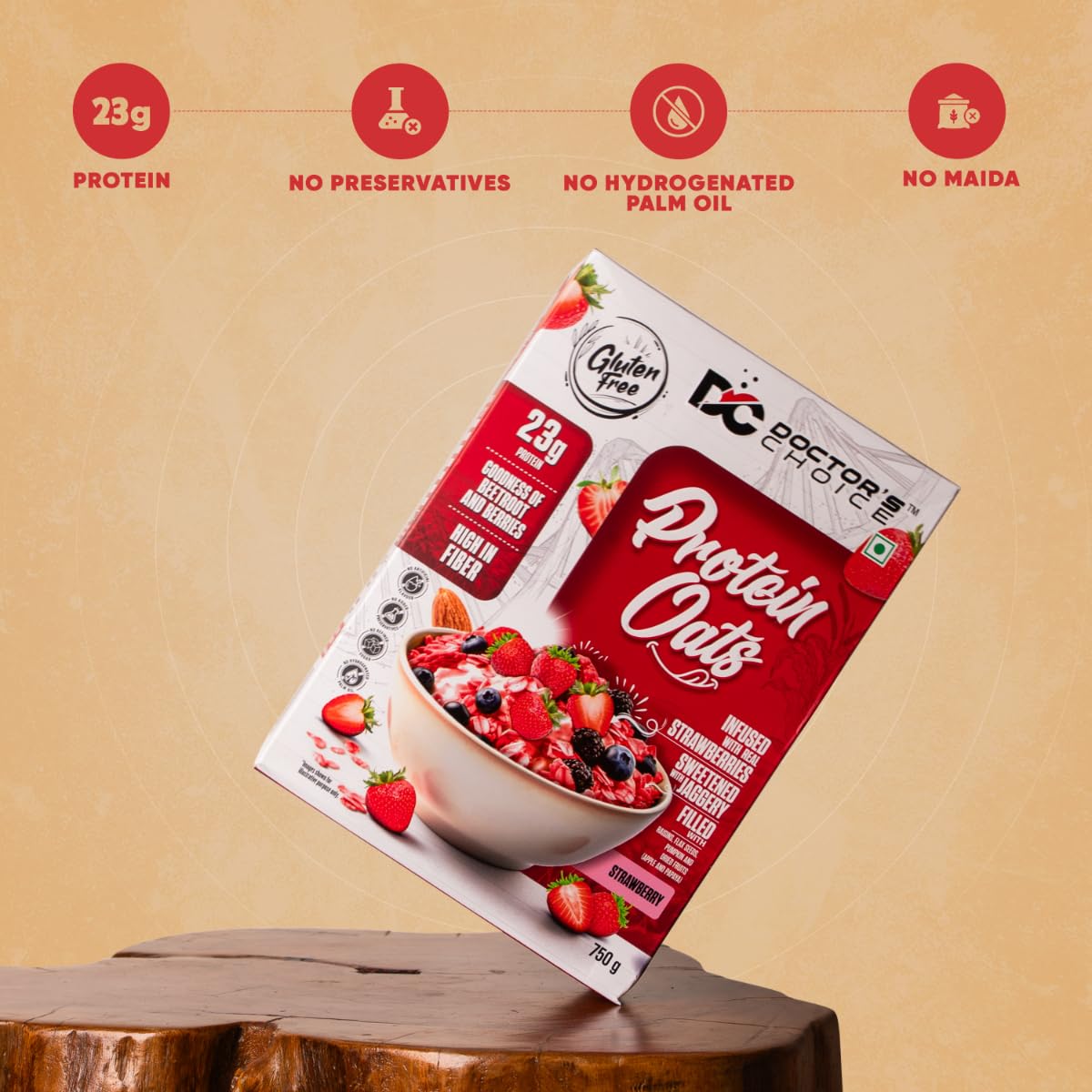 Doctors Choice High Protein Oats 750g | 24g Protein Oatmeal | Natural Strawberrry Flavour | No Added Sugar | Gluten Free | High Fiber Healthy Breakfast Oats