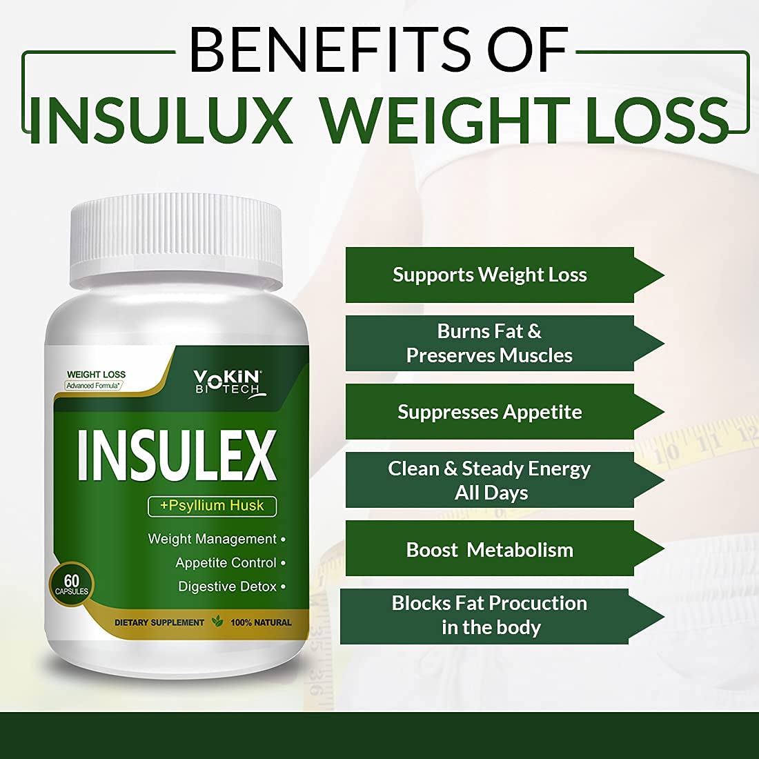 Insulex weight loss supplement bottle with benefits listed on a white background