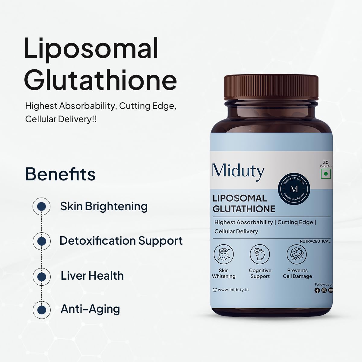 Zephivo Miduty by Palak Notes Liposomal Glutathione - Highest Bioavailability - Glutathione for skin - Face glow - Skin Hydration - Liver Health -Detoxification Support - 30 Caps
