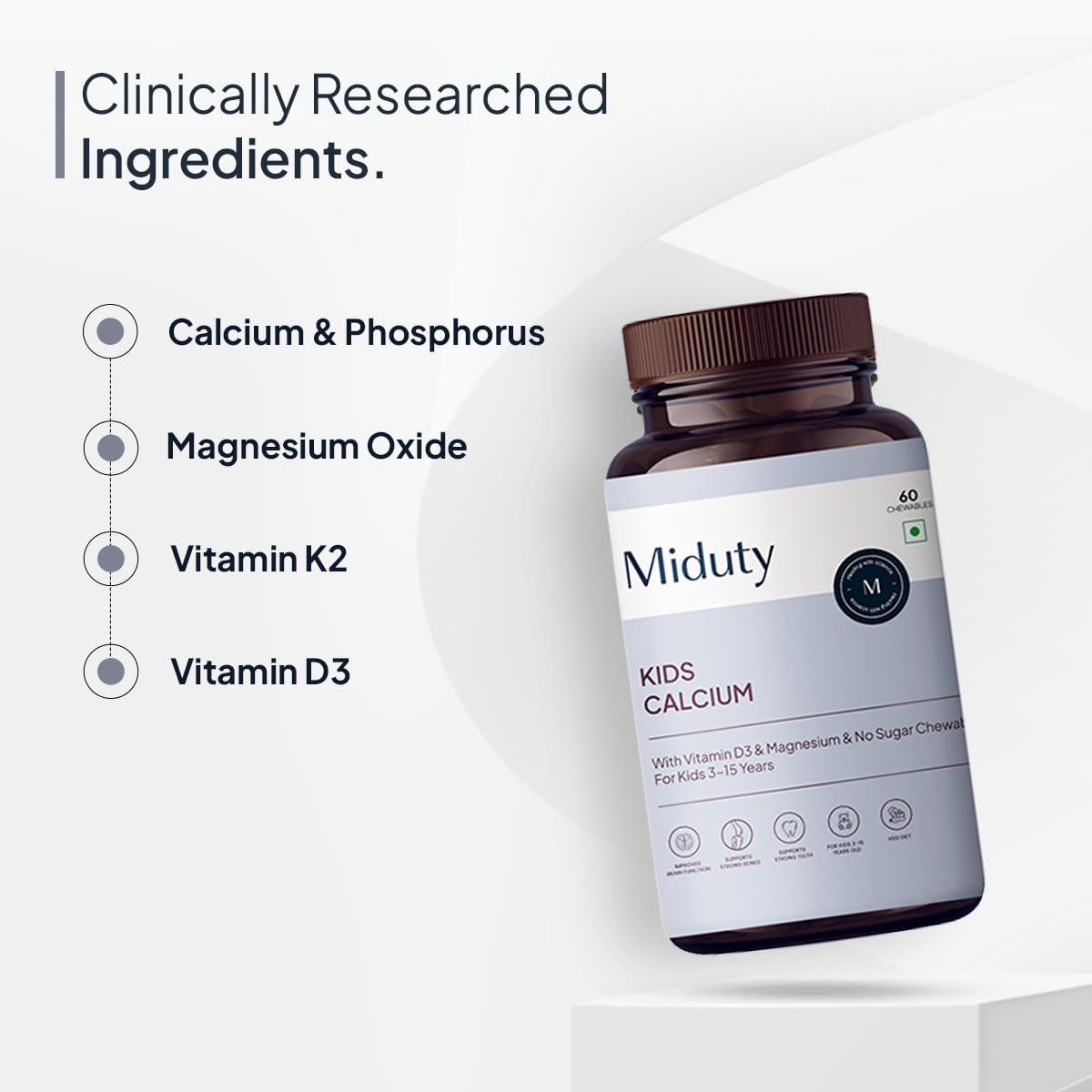 Zephivo Miduty by Palak Notes Kids Calcium with Vitamin D3 - K2 Magnesium No Sugar Added for Strong Bones, Brain Function, Immunity Booster, Strong Teeth Calcium Supplement Kids Multivitamin - 60 Chewables