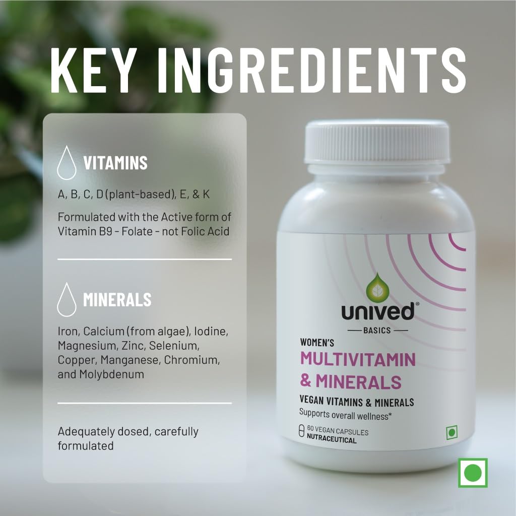 Zephivo Unived Basics Multivitamin & Minerals For Women, 100% Rda Of All Vitamins With Algae Calcium & Plant-Based Vitamin D3 Plus Important Minerals, Complete Formulation For Health & Wellbeing - Capsule