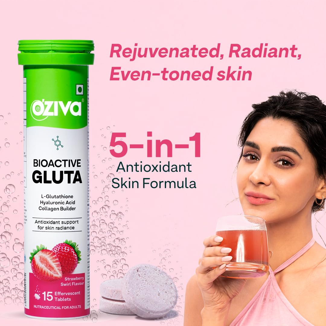 OZiva Bioactive Glutathione Tablets for Radiant Skin - 30 Effervescent Tablets (Pack of 2) | L-Glutathione, Lycopene, Vitamin C for Skin Glow & Anti-Pigmentation
