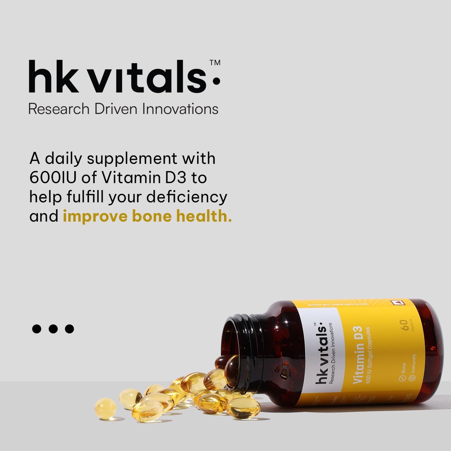 HealthKart hk vitals Vitamin D3 (600 IU) | With Sunflower Oil, Promotes Calcium Absorption | Bone Health, Muscle Strength & Immunity
