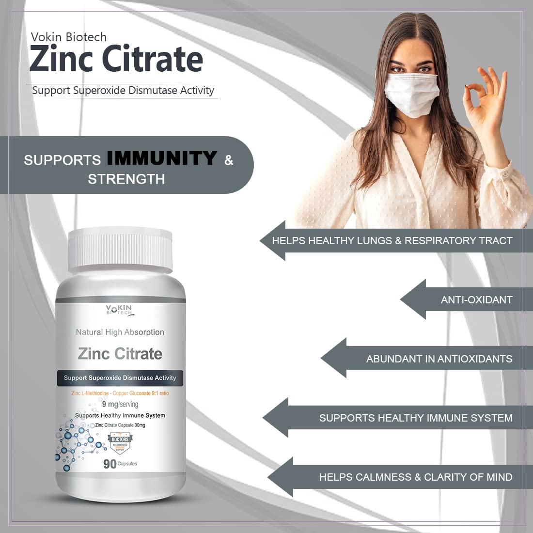 Vakin Biotech Zinc Citrate supplement with a woman wearing a face mask on a gray background