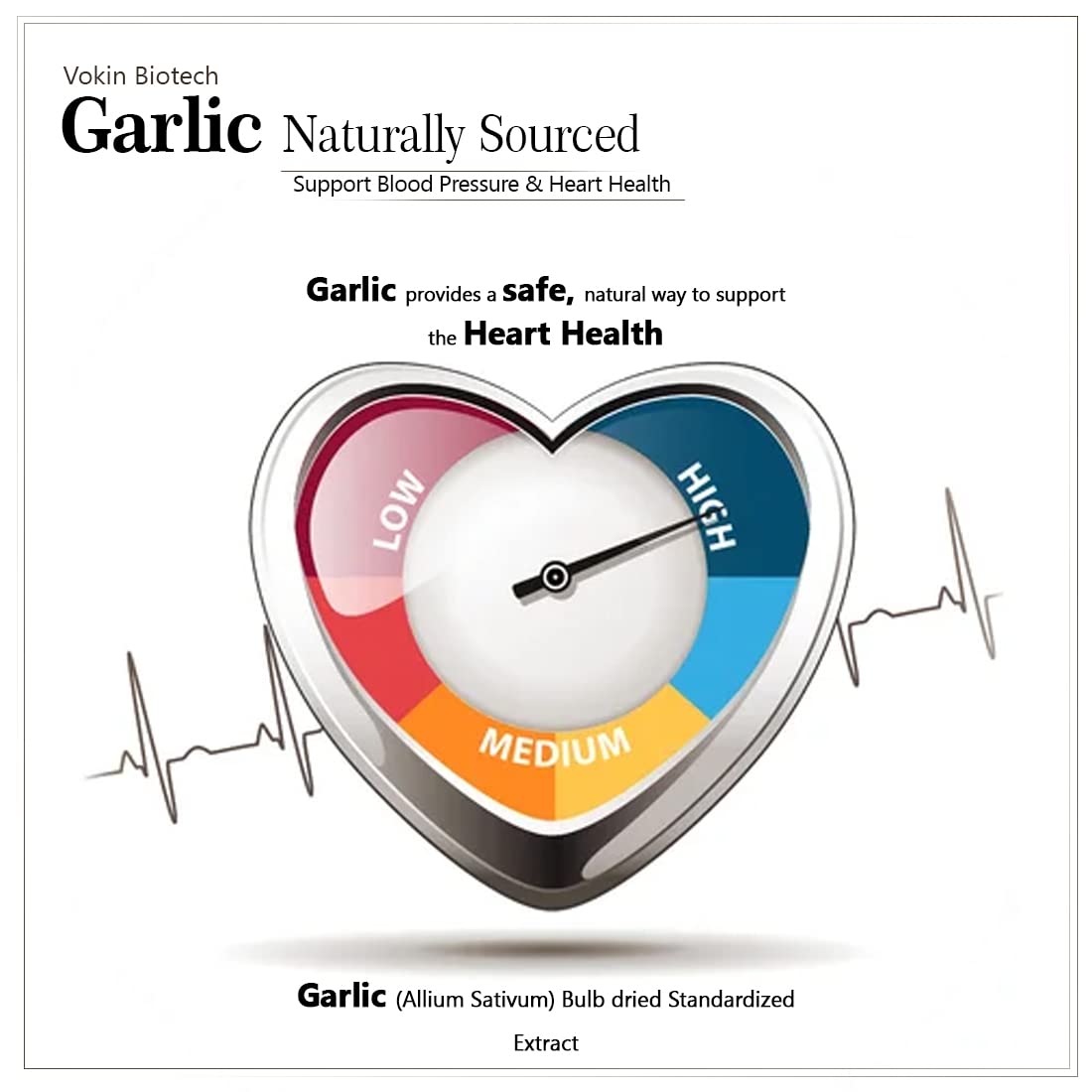Heart-shaped gauge with color-coded levels and garlic health benefits text on a white background