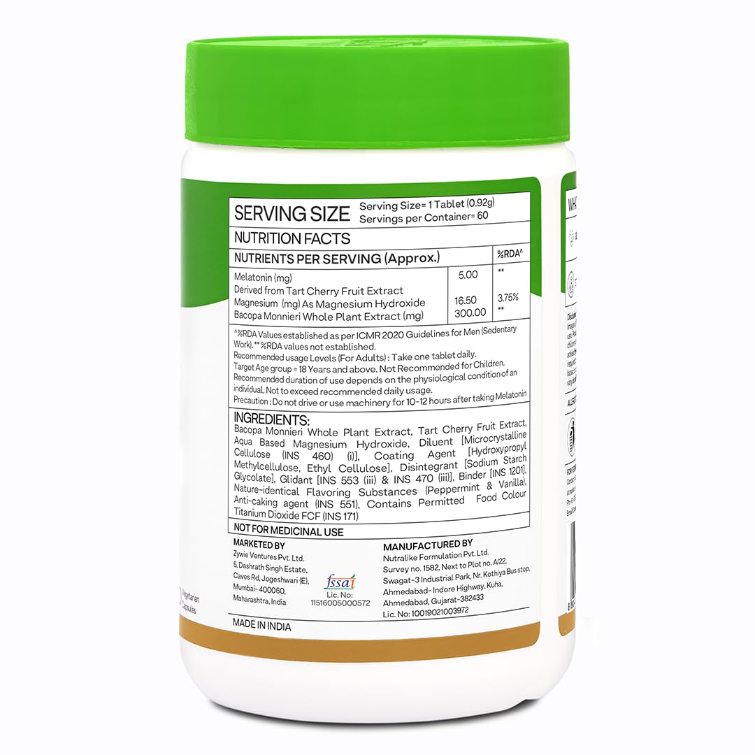 Oziva Magnesium Melatonin For Stress, Anxiety & Sleep | With Bacopa Monnieri Extract | Non-Addictive, Non-Habit Forming | 60 Vegetarian Tablets