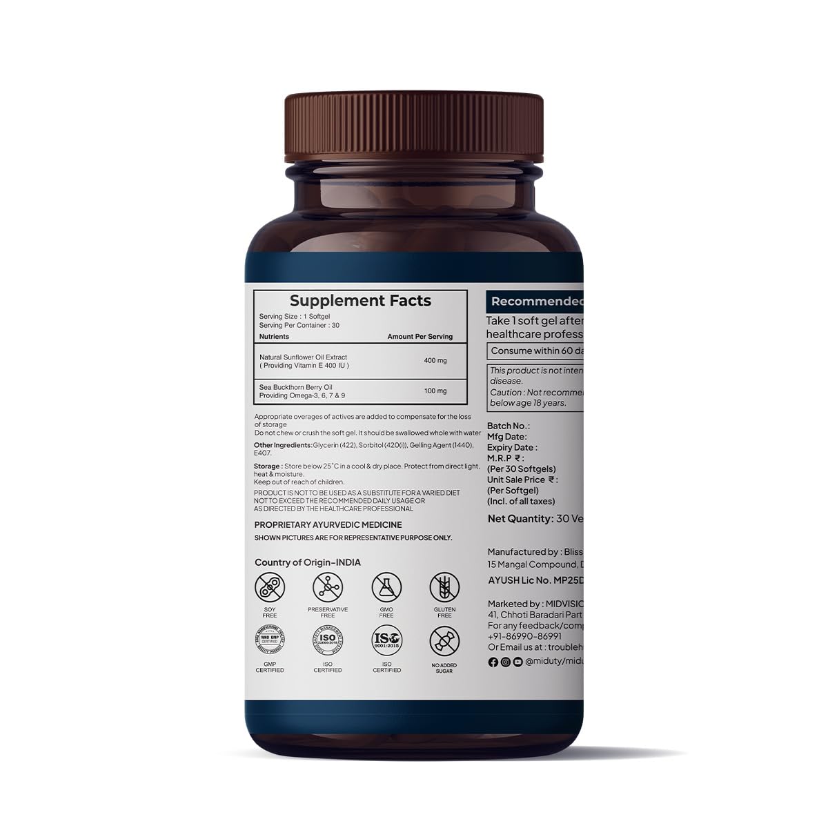Zephivo Miduty by Palak Notes Pure Natural Vitamin E Capsules, Enhanced with Omega-3-6 - 7-9 - Sea Buckthorn Berry Oil - Boosts Immunity - Balance cholesterol - Better Heart health - 30 Softgel