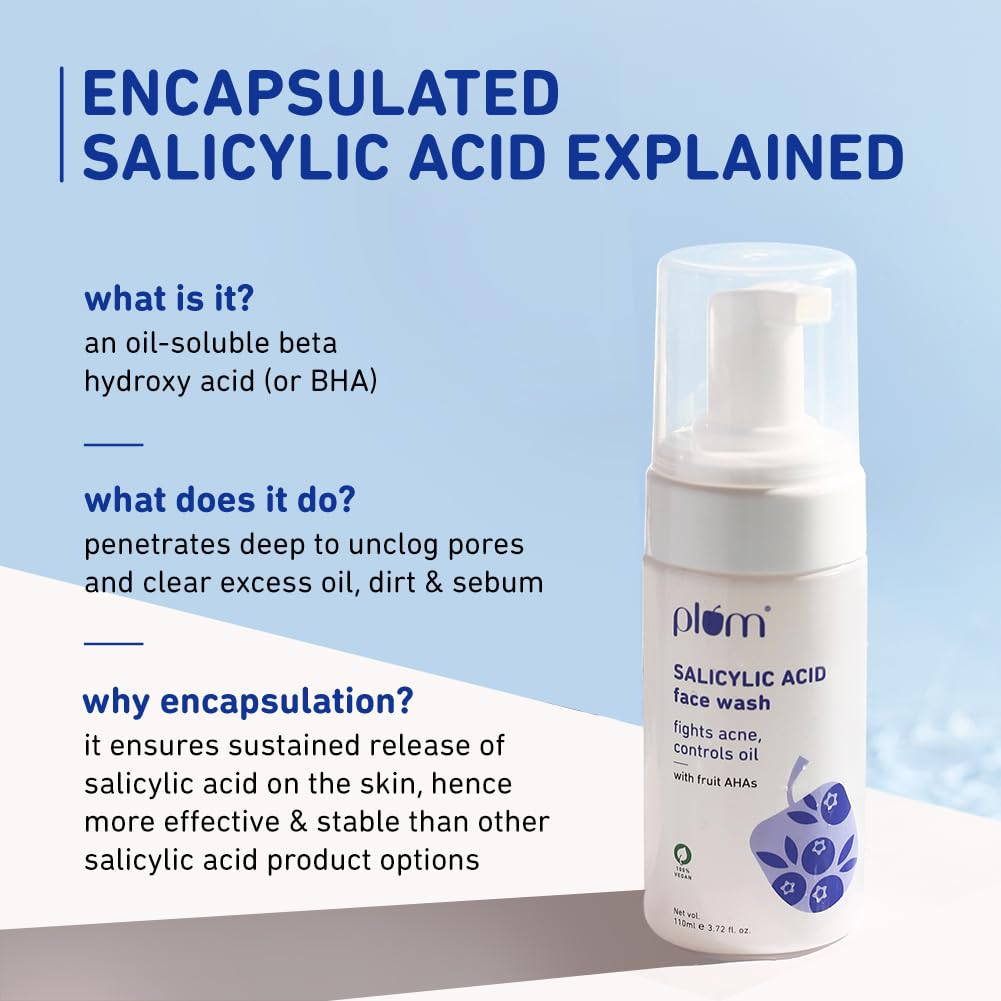 Plum 1% Encapsulated Salicylic Acid Foaming Face Wash | Fights Active Acne, controls oil & deep cleanses pores | with Glycolic Acid & Fruit AHAs | All Skin Types | Face Cleanser for Women & Men | 110ml