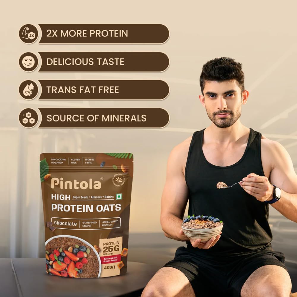 PINTOLA 25g High Protein Oats 400g, Dark Chocolate,No Refined Sugar, with Almonds Raisin, Pumpkin and Chia Seeds, 8g Fibre, Rolled Oats for weight loss, Breakfast Cereals | Gluten Free