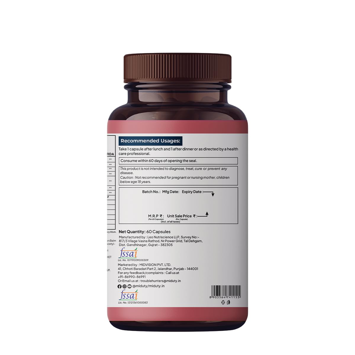 Zephivo Miduty by Palak Notes Anxiety Anger Mood Calm Supplement For Happy Mood, Anti Depressant - KSM - 66 Ashwagandha Root - 5 HTP - L Tryptophan - 60 Capsules