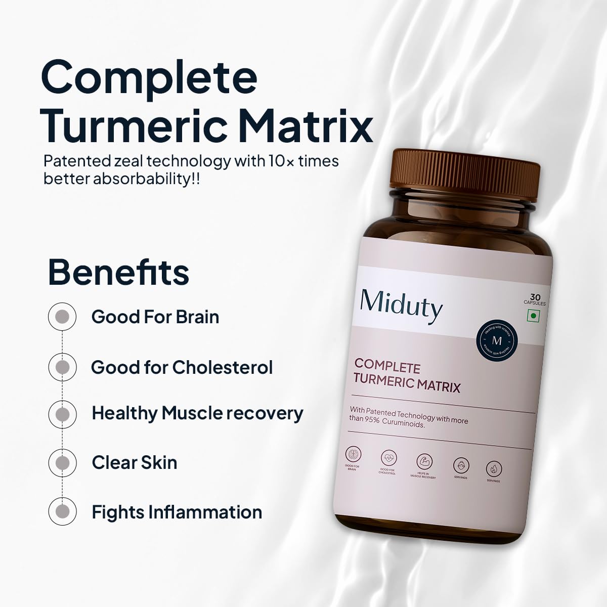 Zphivo Miduty by Palak Notes Complete Turmeric Matrix Curcumin Capsules For Relieving Muscle Pain - Lower Cholesterol - Anti-inflammatory - Increase memory power - Skin Health - 30 Capsules