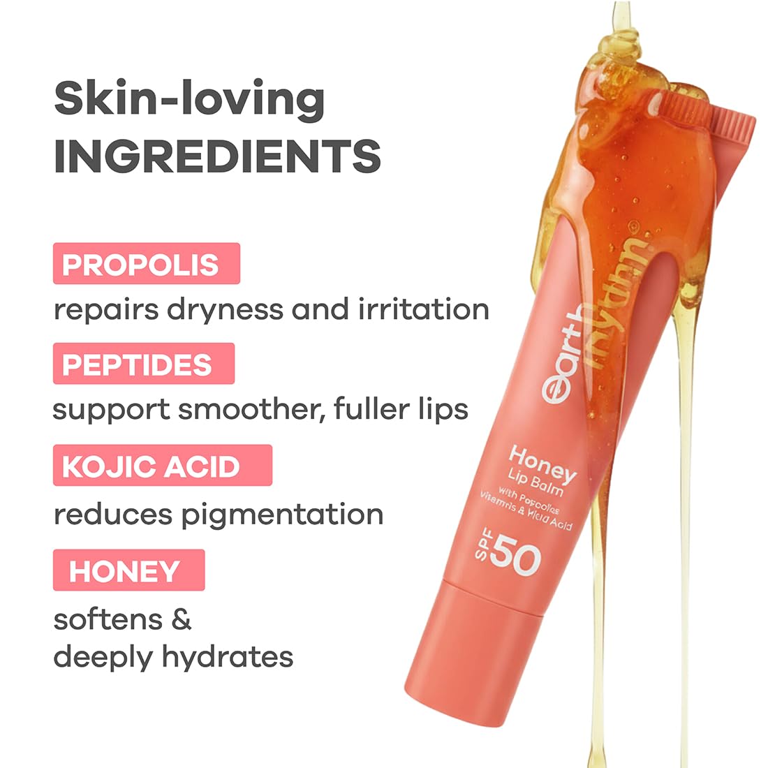 Earth Rhythm Honey Lip Balm SPF 50 Brightens Lips with Propolis,Peptides & Kojic Acid- Cherryblossom