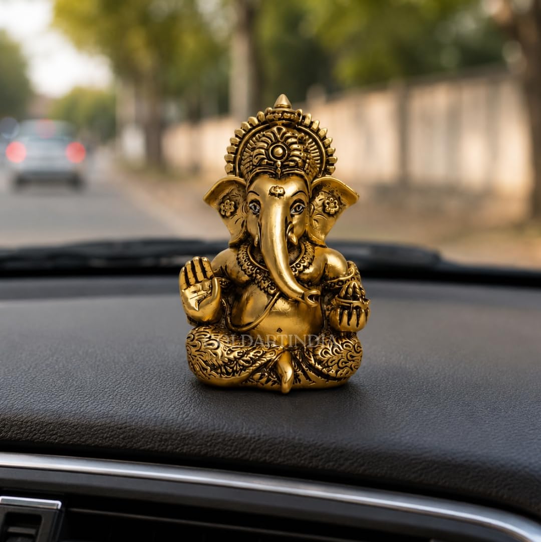 Gold Art India Lord Ganesha 24K Gold Plated Idol | Antique Matte Finish | Premium Peacock Green Velvet Gift Box | Ganesh Murti for Home Temple, Office Desk & Car Dashboard | Luxury Spiritual Gift