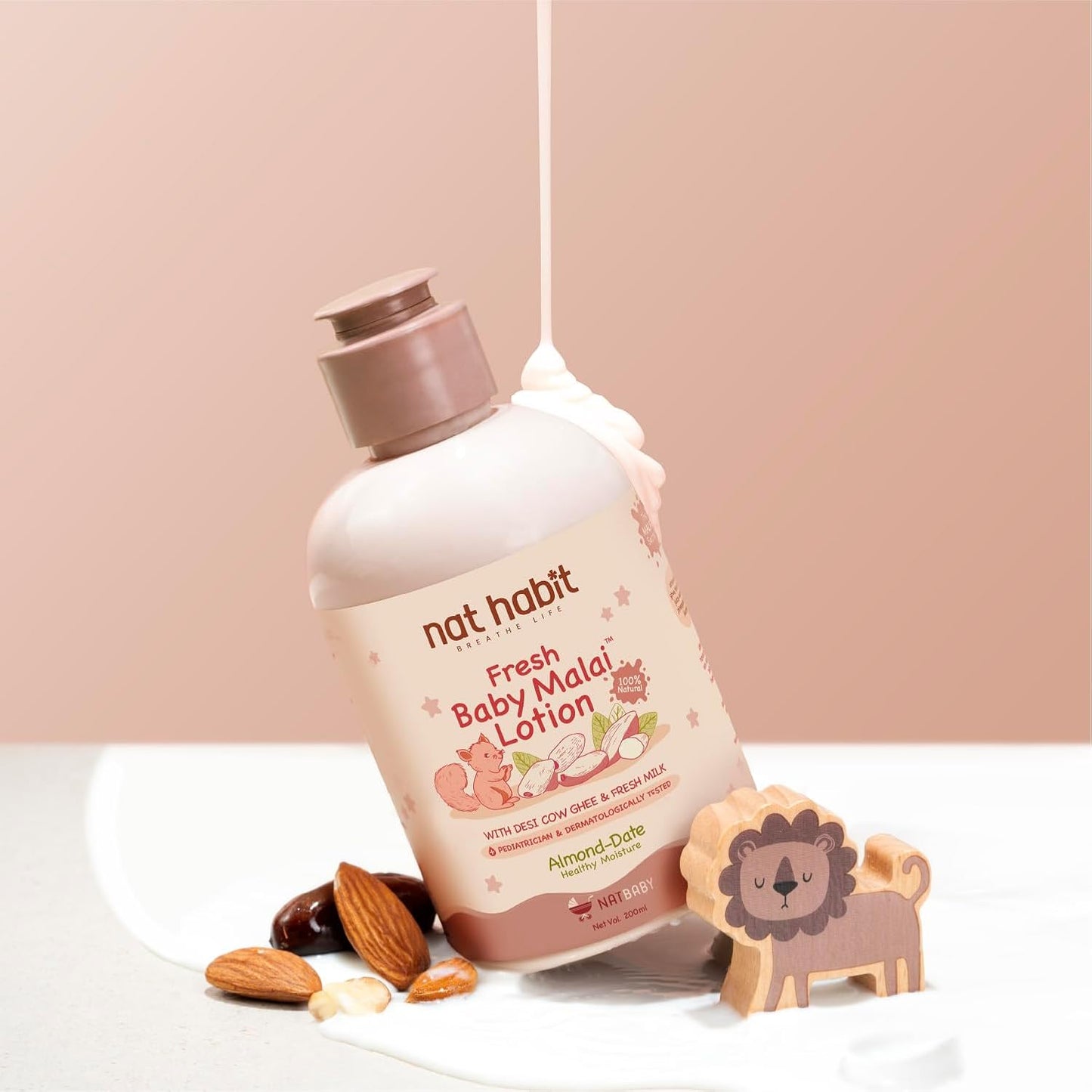 Nat Habit Baby Malai Lotion |Almond & Date| Baby Body Lotion & Moisturizer for Deep Nourishment & Skin Barrier Protection | 100% Natural, Chemical-Free Baby Cream | 200ml