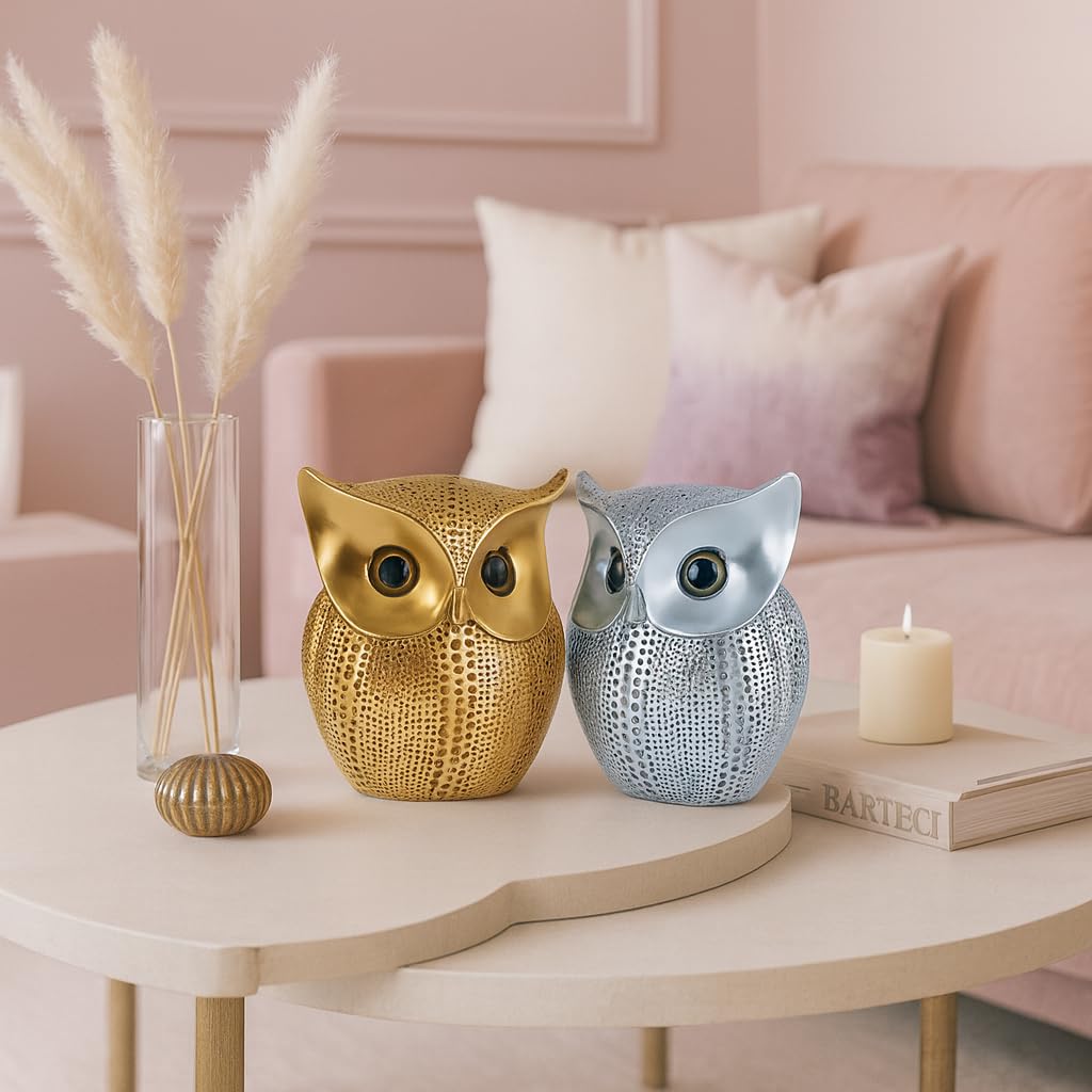 Modern Classy Lucky Owl Combo Resin Art Figure Showpiece (Pack of 2, Golden and Silver)