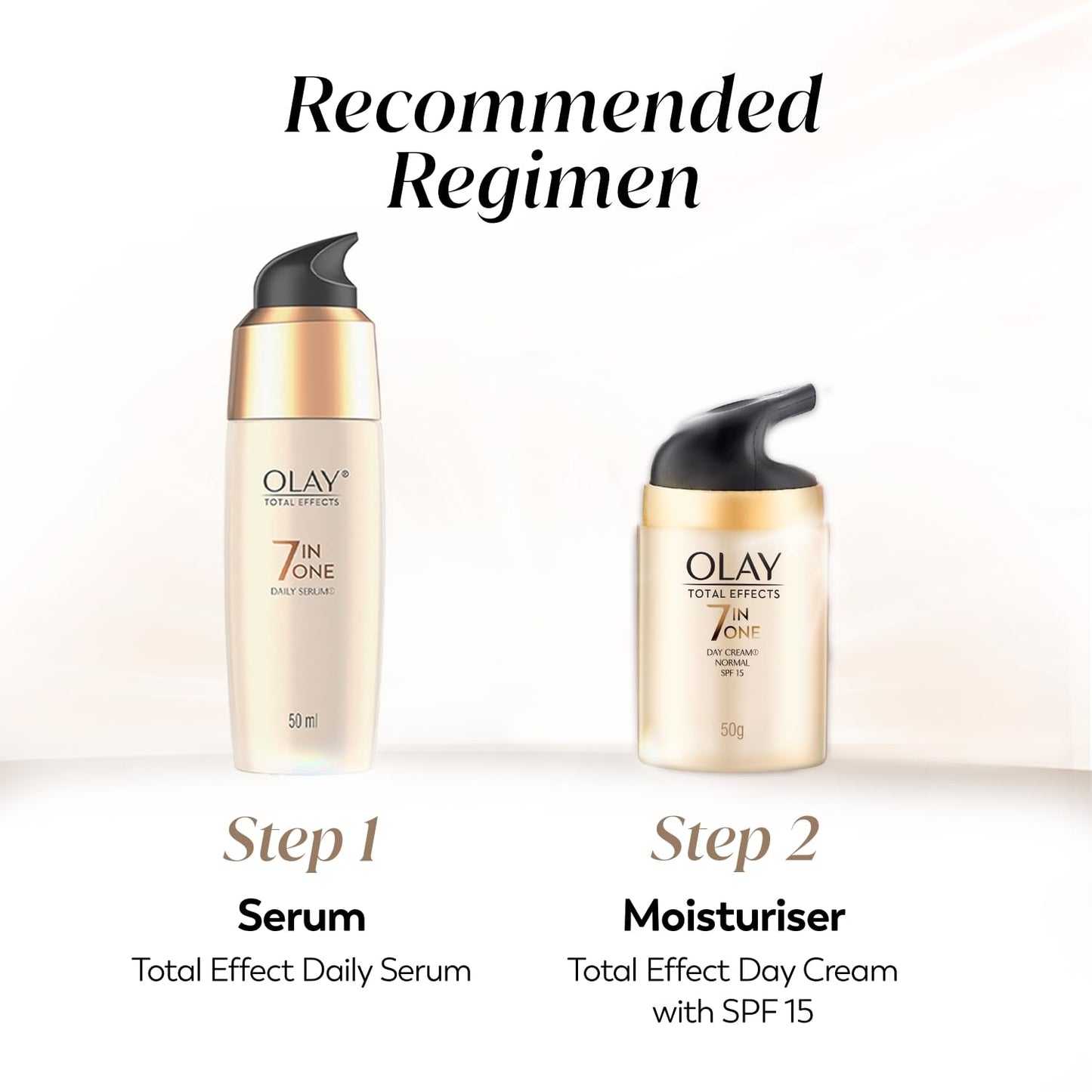 Olay skincare products with 'Recommended Regimen' text on a white background