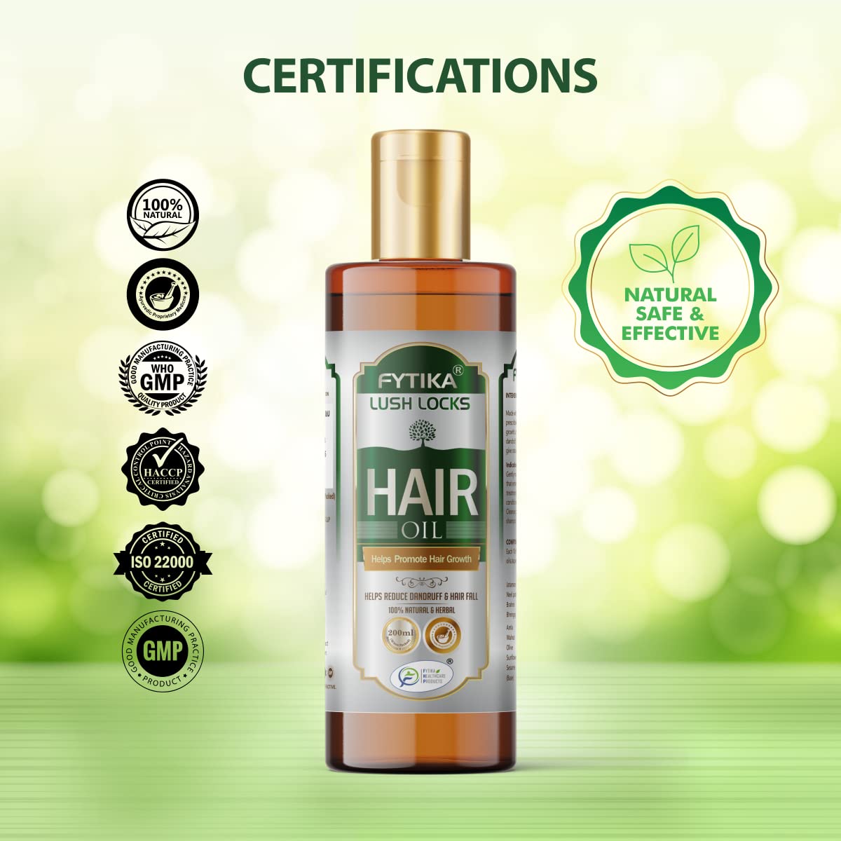 Hair oil bottle with certifications on a green blurred background