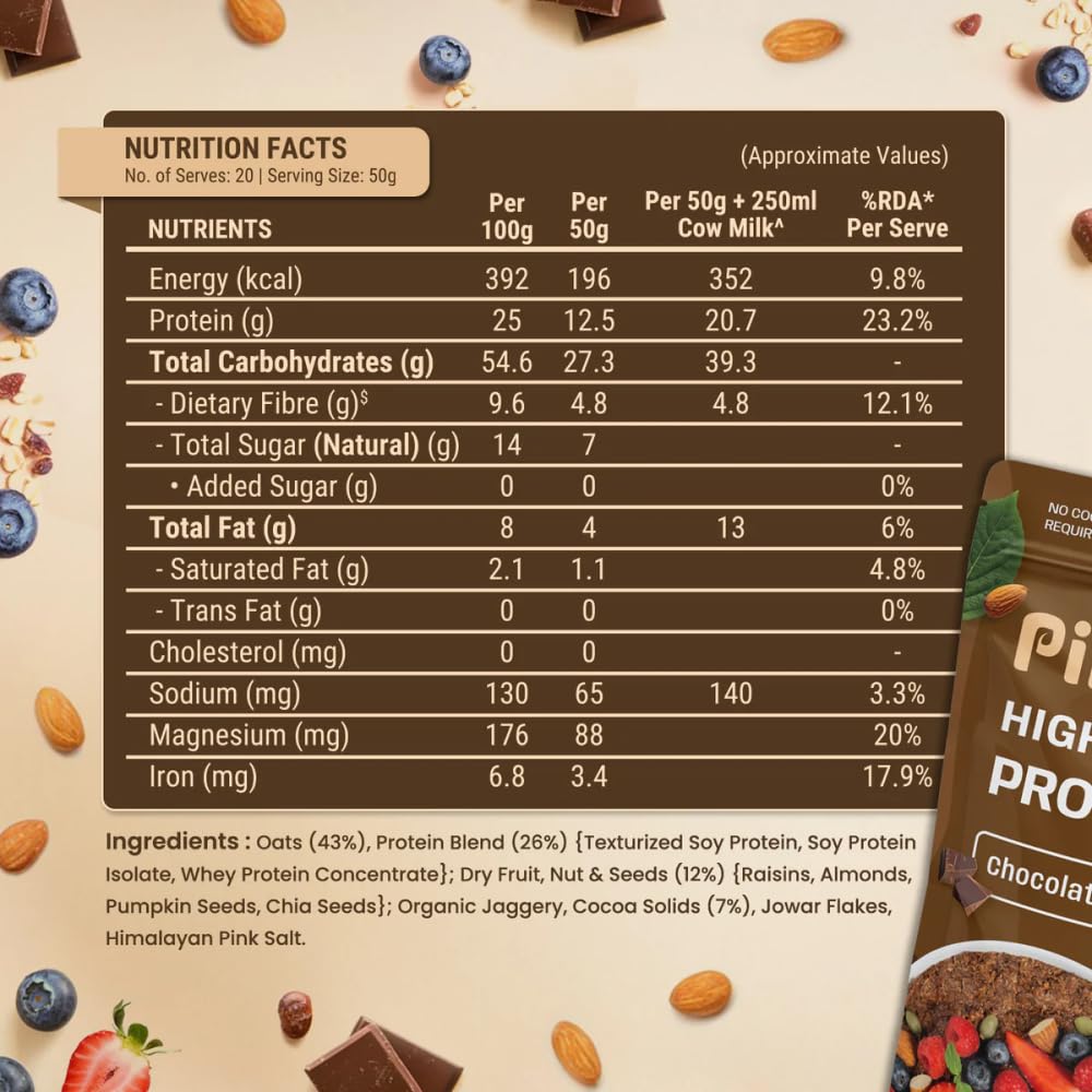 PINTOLA 25g High Protein Oats 400g, Dark Chocolate,No Refined Sugar, with Almonds Raisin, Pumpkin and Chia Seeds, 8g Fibre, Rolled Oats for weight loss, Breakfast Cereals | Gluten Free