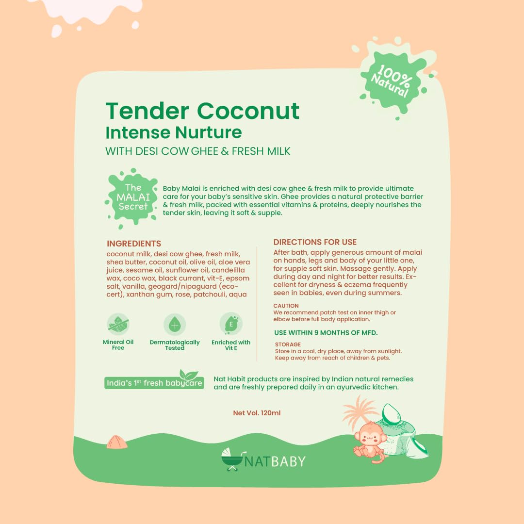 Nat Habit Tender Coconut Baby Malai for Intense Nurture, Moisturizer for Deep Nourishment & Skin Barrier Protection | 100% Natural, Chemical-Free Baby Cream | 120ml