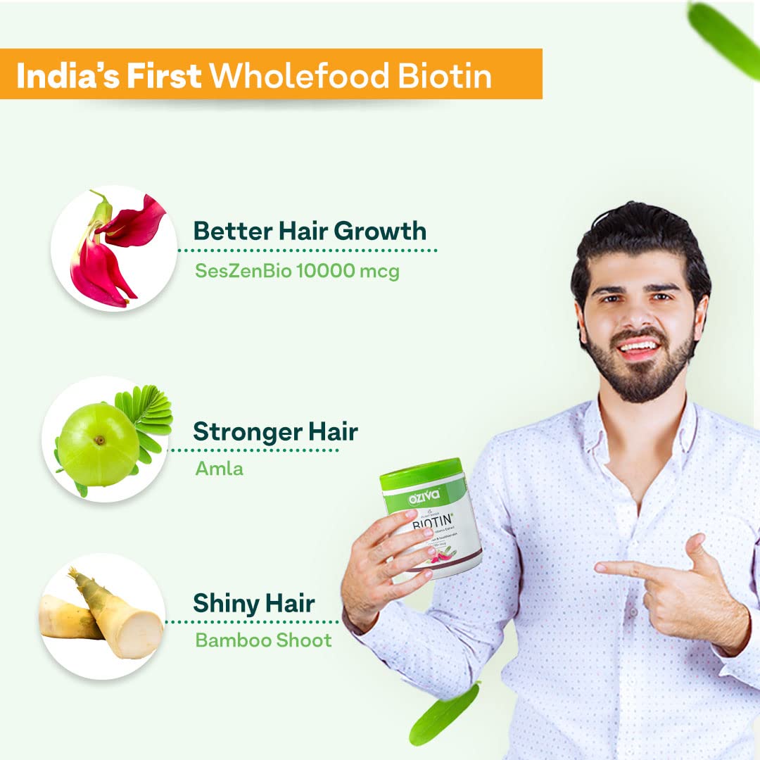 OZiva Biotin For Hair Growth|Biotin Powder for Hair & Healthier Texture, Skin, Nails & Body (With Silica, Sesbania Agati, Vitamin B6),Certified Clean & Vegan, 125g (Lemon)