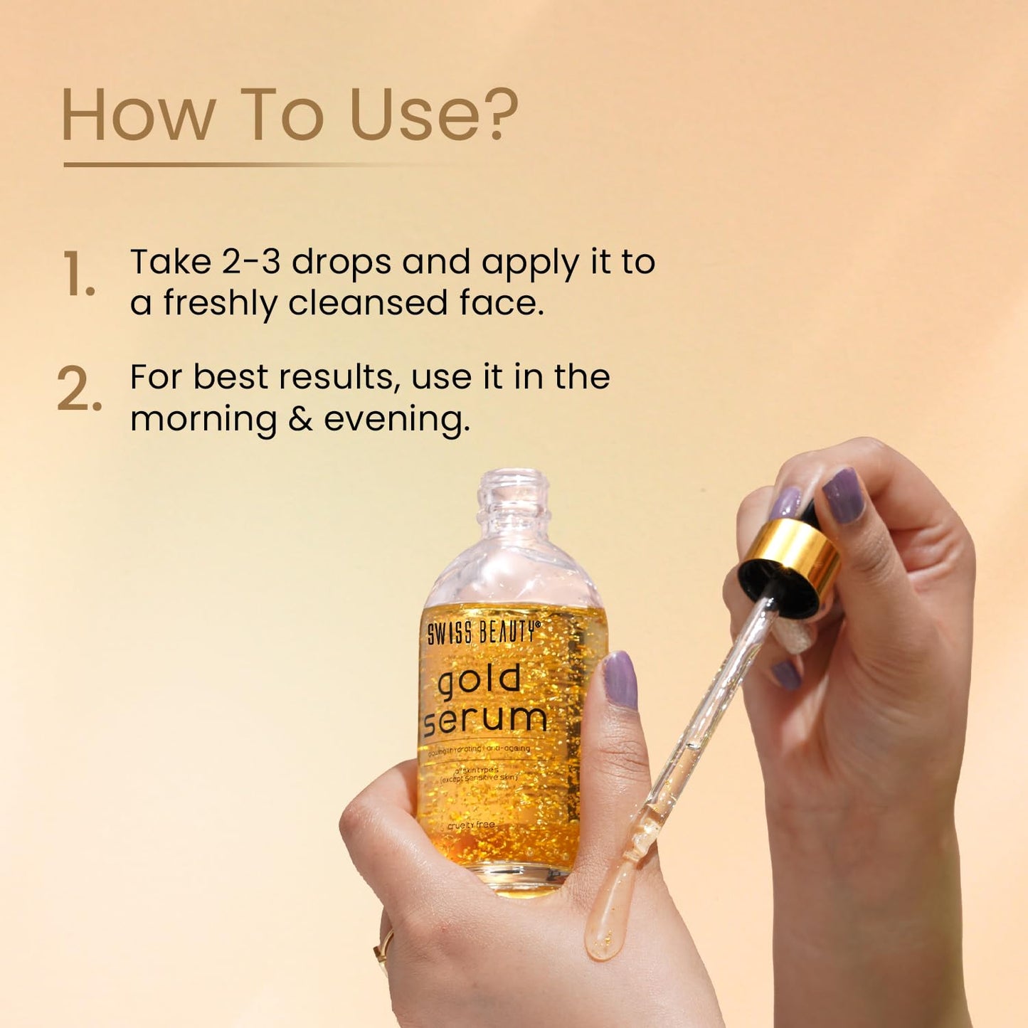Gold serum bottle with dropper and usage instructions on a beige background